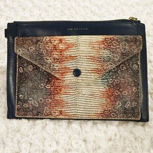 LOGO by Lori Goldstein Leather Envelope Pouch with RFID, Sea Blue Color